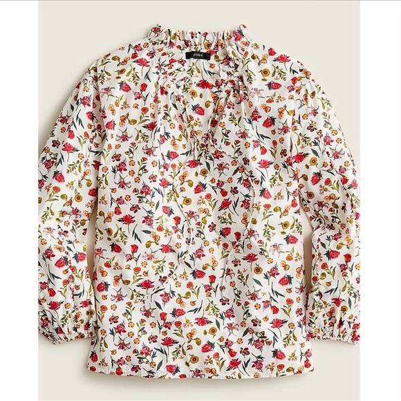 J. Crew Tops - J.‎ Crew Ruffle Tie Neck Floral Cotton Popover XXS